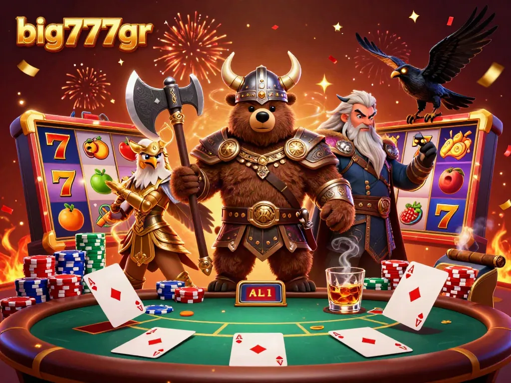 Experience big777gr excitement with a dynamic casino-themed illustration featuring Viking characters and slots.