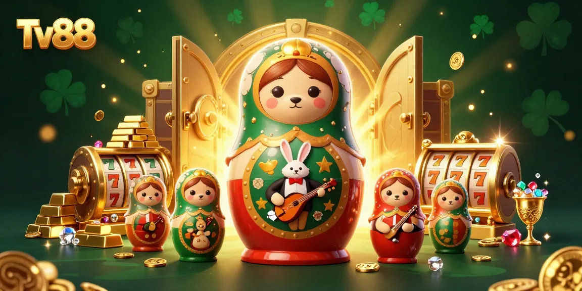 Try your luck with Tv88 at the casino, featuring vibrant 3D characters and golden treasures.