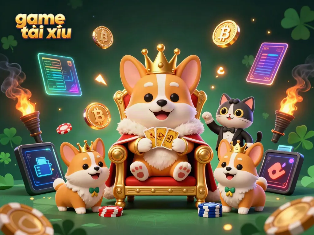 Experience the excitement of game tài xỉu with a royal corgi and animated gaming elements in a vibrant scene.