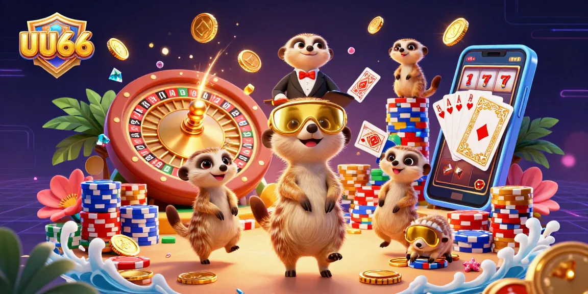 Experience the thrilling excitement of UU666 with a vibrant 3D meerkat casino scene showcasing dynamic gambling elements.