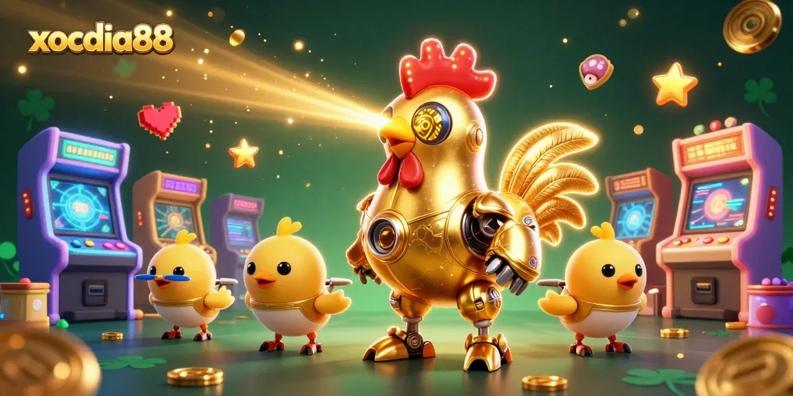 Xocdia88 features a dynamic 3D scene with a golden rooster robot and baby chick drones amidst colorful gambling arcade elements.