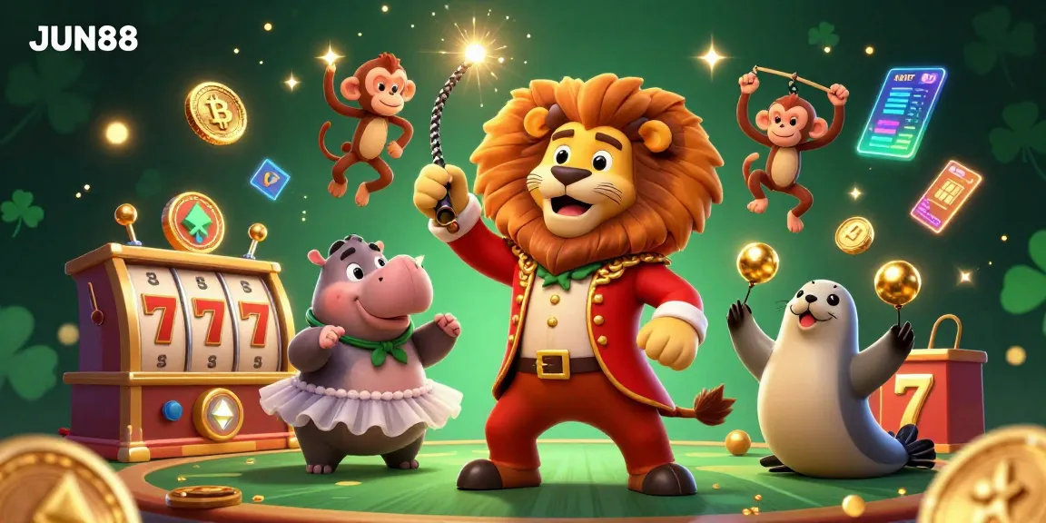 Join the excitement at JUN88, where players win big in a vibrant casino scene featuring animated characters and interactive gaming elements.