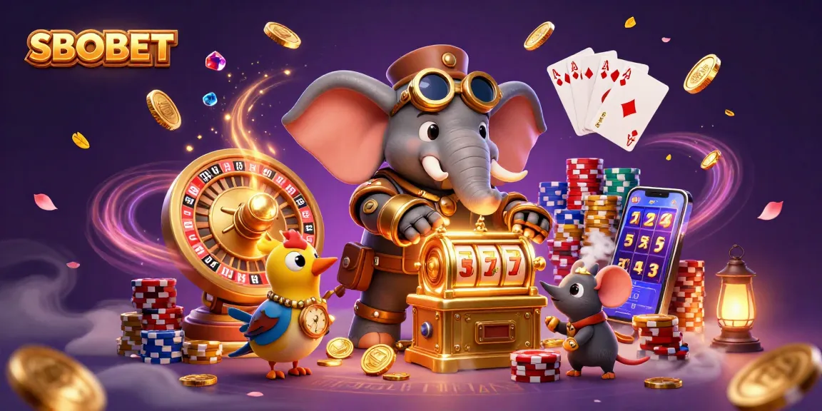 SBOBET's vibrant gaming arena illustrated with a steampunk elephant engaging players with exciting slots and roulette.