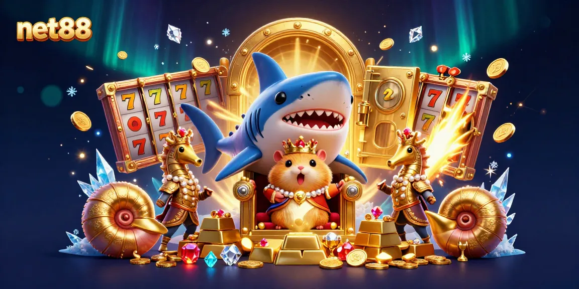 Spin the reels at net88 with a king hamster and golden treasures in this vibrant casino scene.
