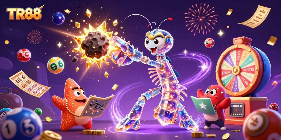 Engage in exciting TR88 casino games with vibrant prizes and cosmic themes in this dynamic illustration.
