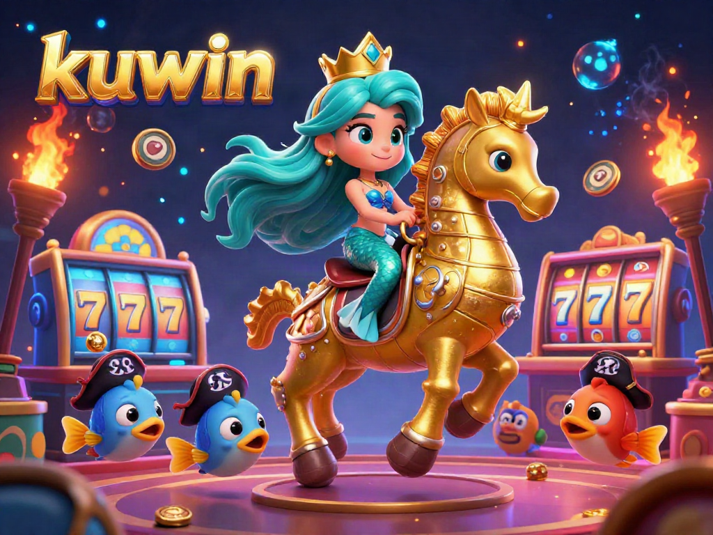Experience the excitement of kuwin's vibrant casino scene with a magical mermaid and seahorse surrounded by slot reels.