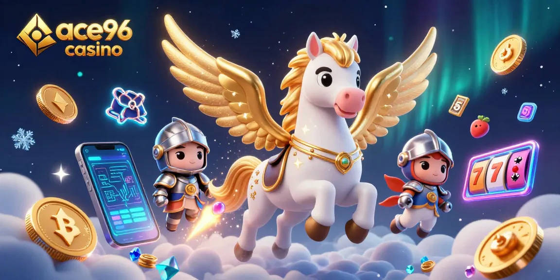 Experience thrilling adventures at ace96 casino with a majestic horse and knight amidst vibrant gaming elements.