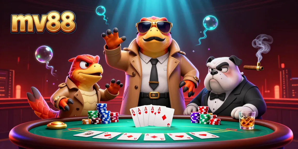 Join the mv88 casino adventure as cartoon raptors humorously attempt VIP entry amidst poker action.