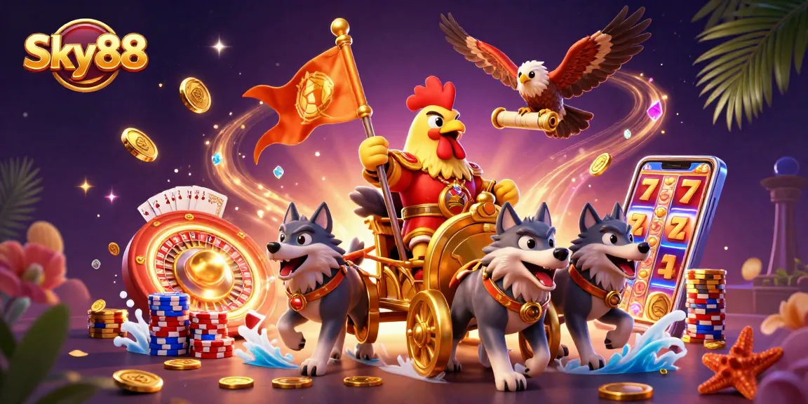 Experience the thrill at Sky88 with a dynamic casino adventure featuring fierce characters and vibrant game elements.