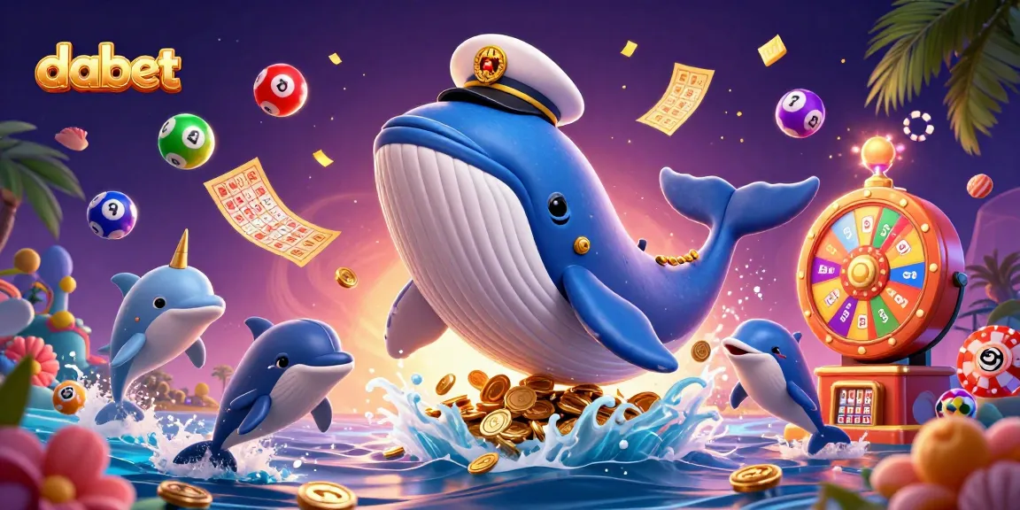 dabet brings excitement with a lively cartoon whale, dolphins, and lottery elements in a vibrant casino atmosphere.