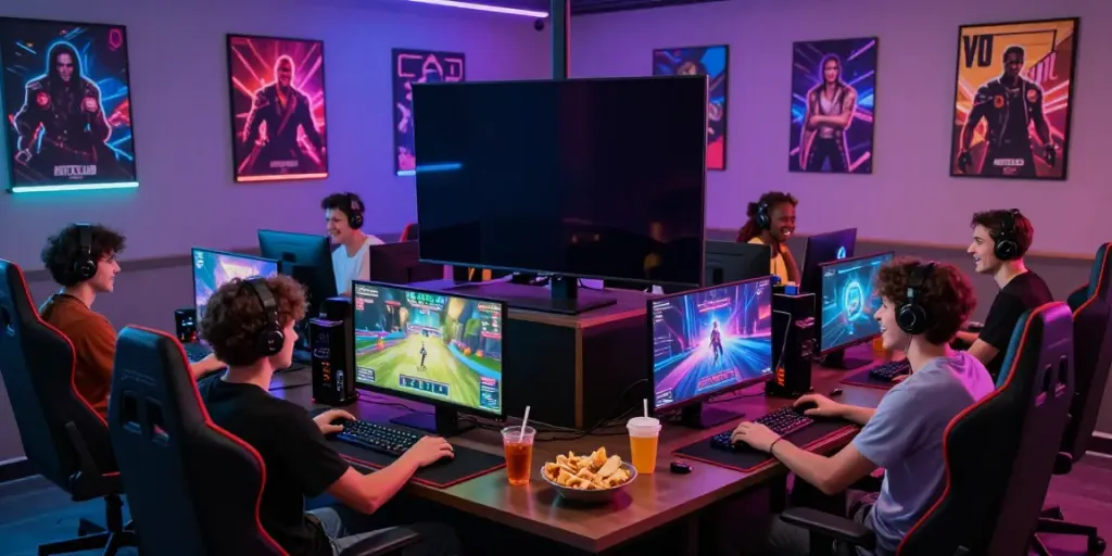 Exciting HITCLUB gaming lounge scene with friends enjoying competitive play.