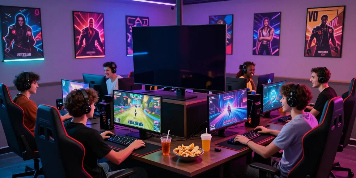Exciting HITCLUB gaming lounge scene with friends enjoying competitive play.