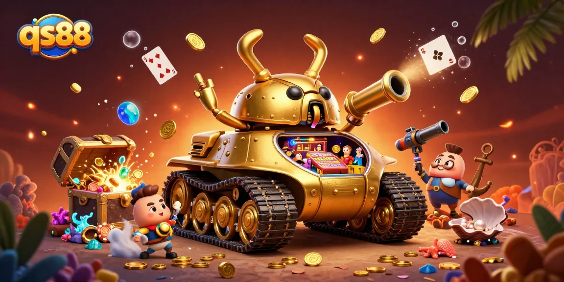 Engage in thrilling gaming experiences with qs88 as a golden beetle tank reveals a colorful casino.