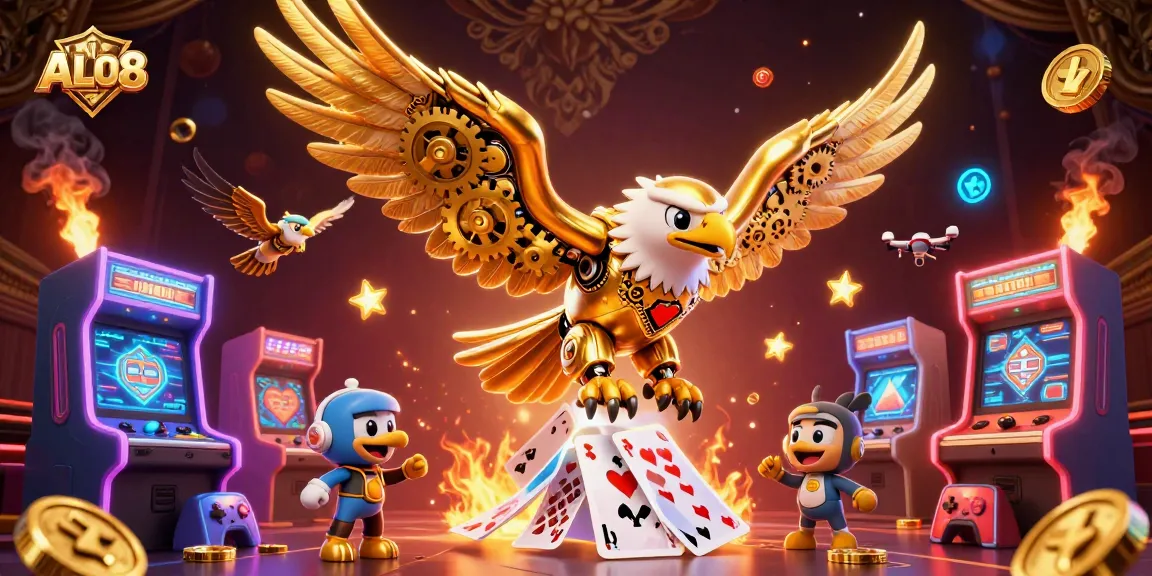 Experience the thrilling ALO8 casino with vibrant gameplay and a dynamic 3D illustration.