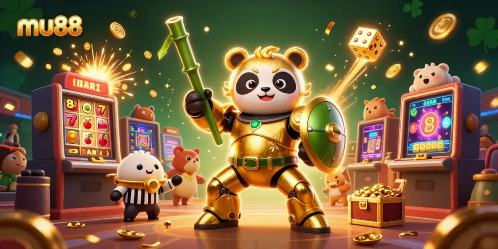 Engaging scene featuring mu88's golden panda mech in a vibrant casino setting with flying jackpots and game elements.