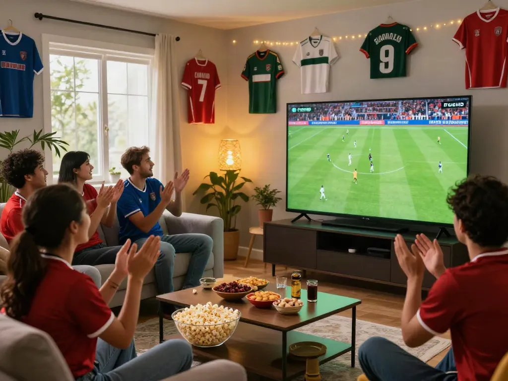 Fans enjoying football on Xoilactv in a lively living room atmosphere.