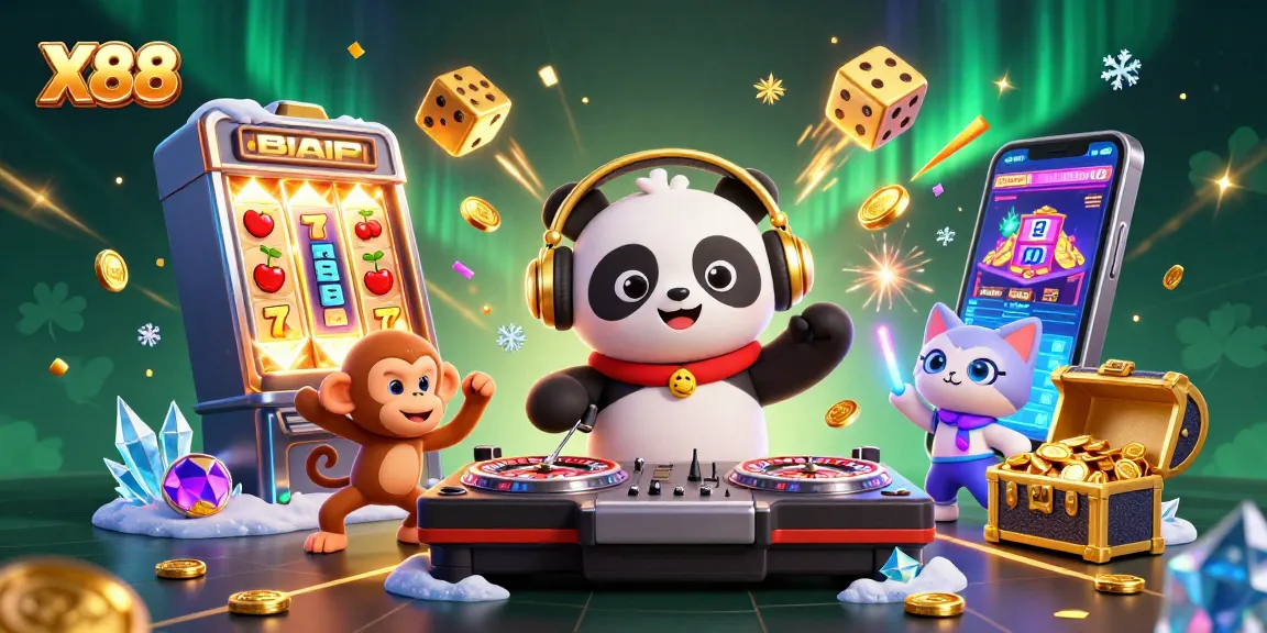 X88 platform showcases an exhilarating gaming scene with vibrant characters and slot machines, enhancing the online gambling experience.