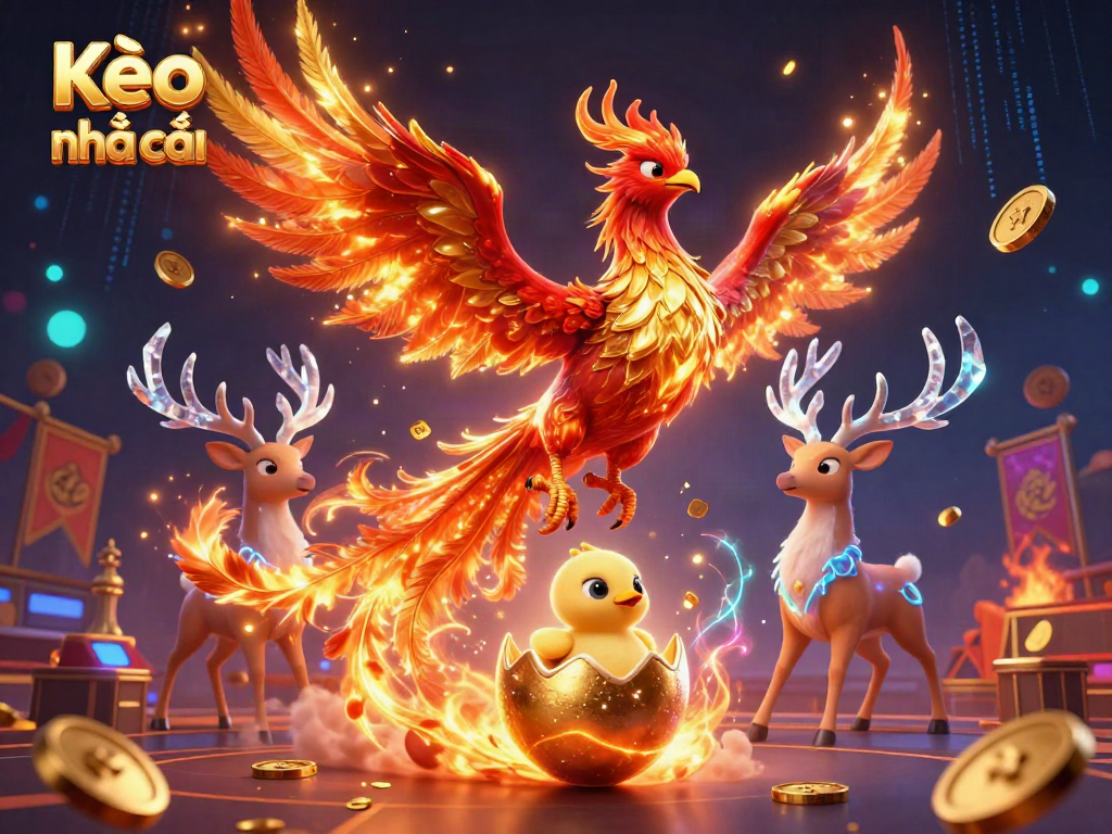 Engage in Kèo nhà cái action with a dynamic scene featuring a fiery phoenix and betting tokens.