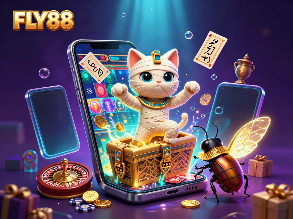 Spin to win with FLY88! Enjoy a vibrant casino scene featuring a mummy cat and golden treasures.