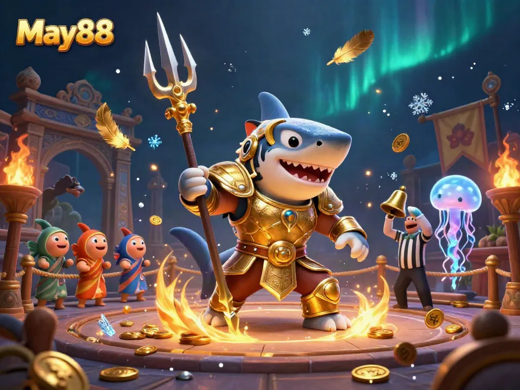 Experience the thrill of betting with May88, featuring a golden shark gladiator in an underwater colosseum.