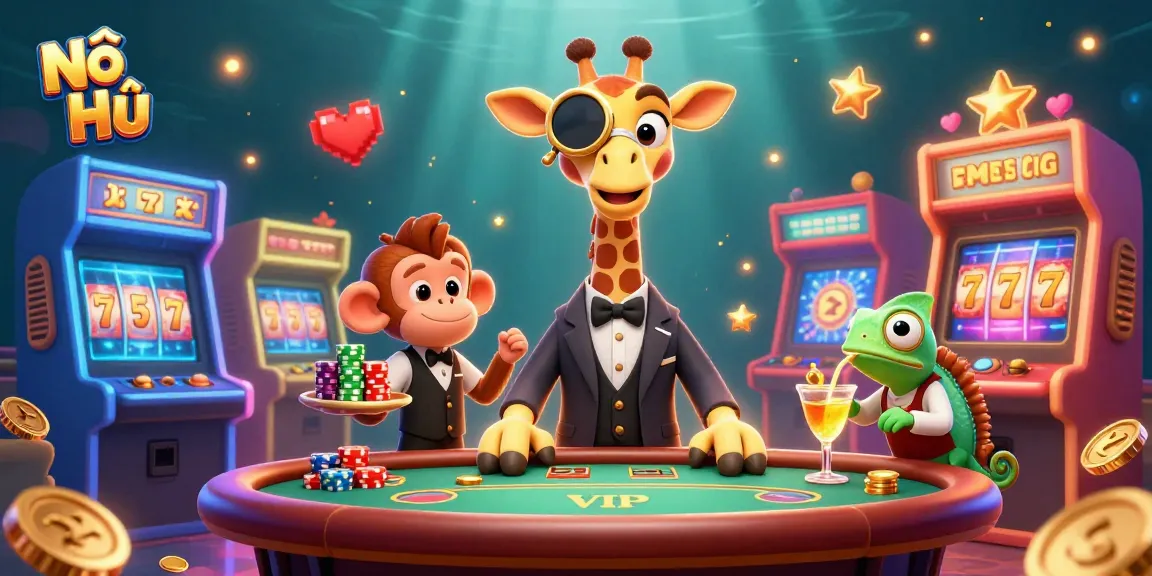 Nổ Hũ exciting slot games featuring a high-roller giraffe and vibrant casino elements.