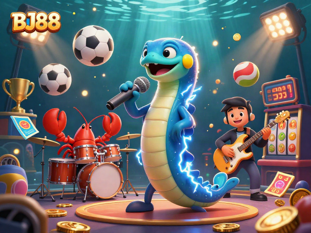 Engage with the BJ88 underwater casino through an electric eel DJ and dynamic gaming elements.