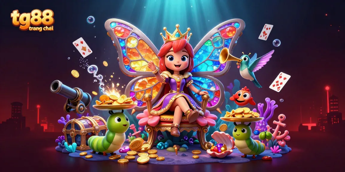 Engage with tg88 trang chủ through vibrant 3D casino art featuring a butterfly queen amidst treasure and casino elements.