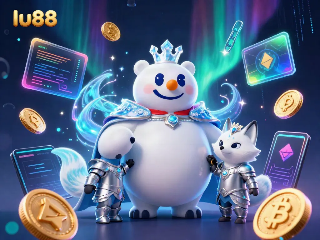 Experience the thrilling world of lu88 with the ice king polar bear and snow fox amid crypto elements.