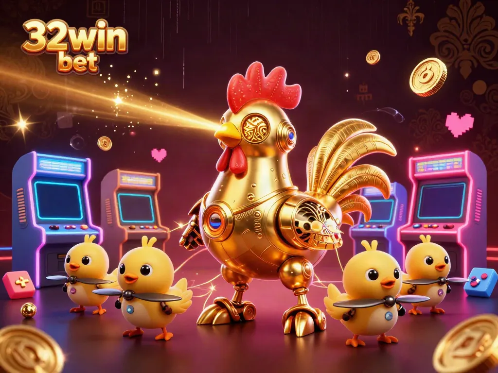 Engage in thrilling casino gameplay with 32win bet, featuring a dynamic cartoon scene of a golden rooster robot surrounded by arcade games.