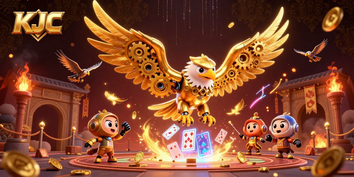 KJC showcases a thrilling 3D scene with a golden eagle amid playing cards, emphasizing dynamic online casino interaction.