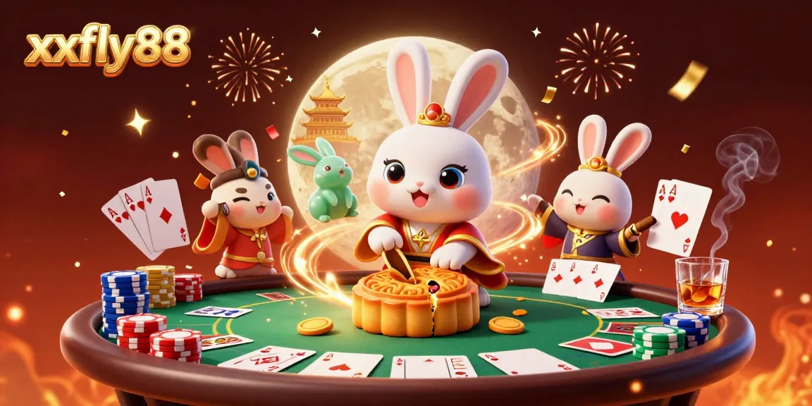 Experience gaming excitement with xxfly88, featuring a lively scene of a moon rabbit and poker elements.