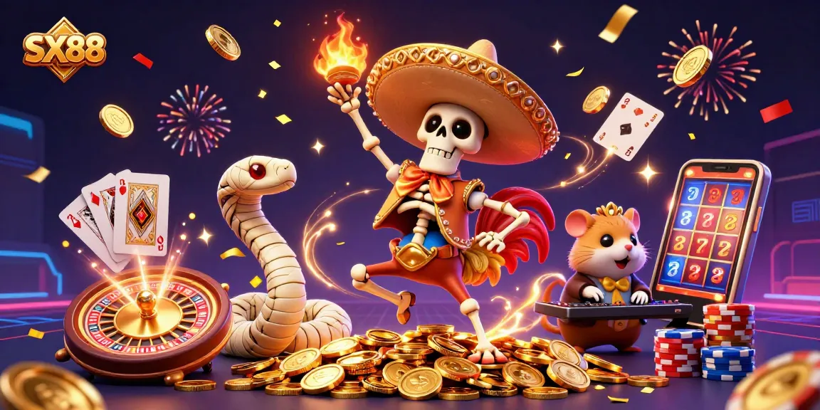 SX88 celebrates with a vibrant 3D scene featuring a mariachi rooster, mummy snake, and DJ hamster amidst casino riches.