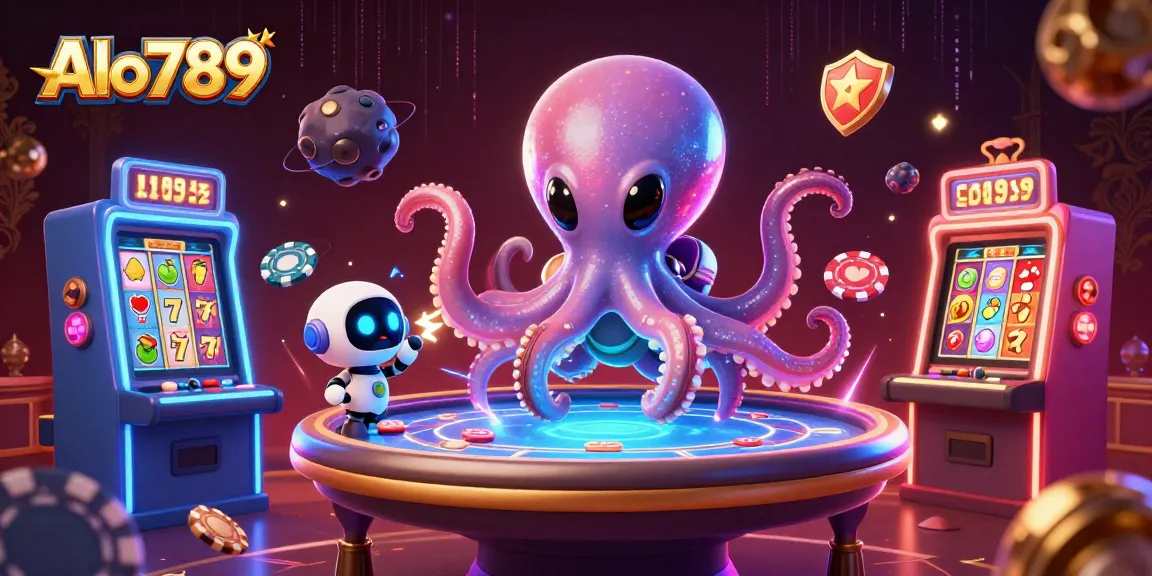 Alo789 engages players in a vibrant casino scene featuring an octopus and robots at a holographic poker table.