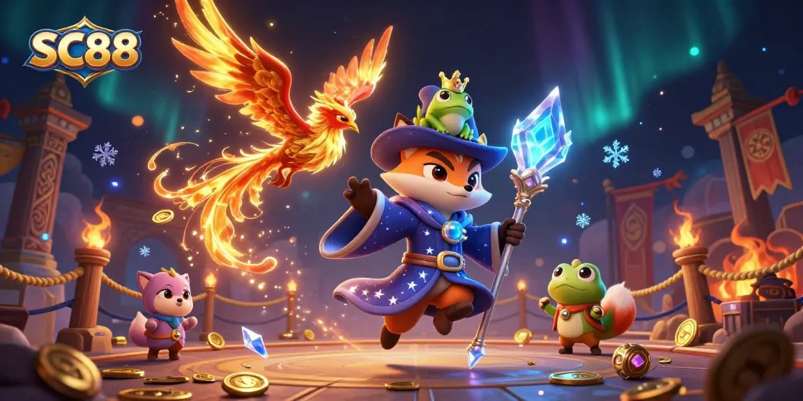 SC88 players enjoy a magical gaming experience amidst vibrant casino elements and animated characters.