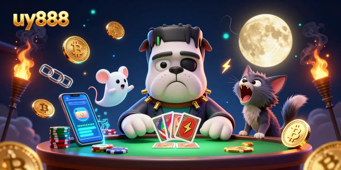 Engage with uy888's thrilling card game featuring a Frankenstein bulldog, ghost mouse, and werewolf kitten in a vibrant casino.