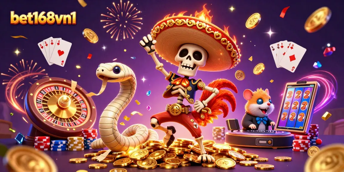 Experience excitement with bet168vn1, showcasing a festive casino scene with dynamic 3D characters celebrating wins.
