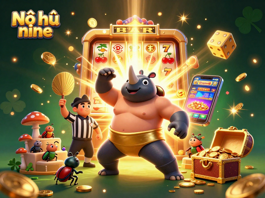 Nổ hũ nine showcases a dynamic scene with a rhinoceros beetle champion celebrating jackpot wins, capturing the excitement of online gambling.