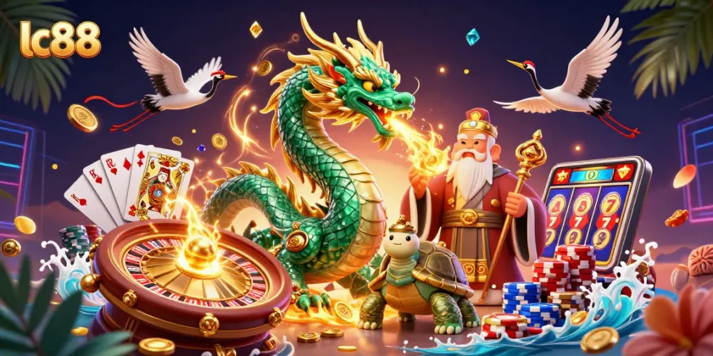 Experience lc88 gaming magic with a jade dragon, turtle sage, and flying cranes in an enchanting casino scene.