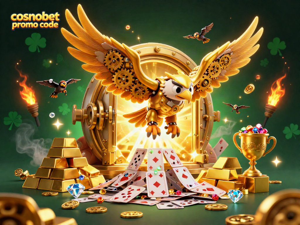 Engage with the vibrant cosmobet promo code scene featuring a cybernetic eagle and treasure.