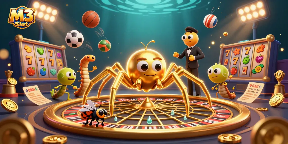 M3 Slot showcases an exciting 3D scene of characters engaging in gambling, featuring slots and sports elements.