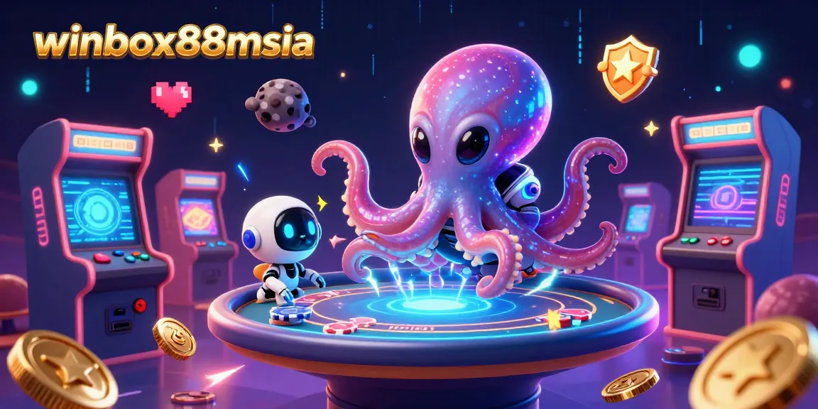 Winbox88msia showcases an alien octopus at a poker table, celebrating casino gaming with vibrant visuals.