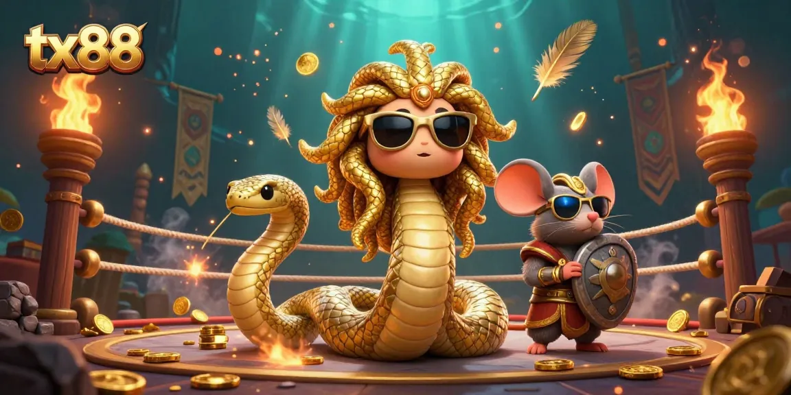 Experience the excitement of tx88 with vibrant casino-themed 3D characters, coins, and swirling embers.
