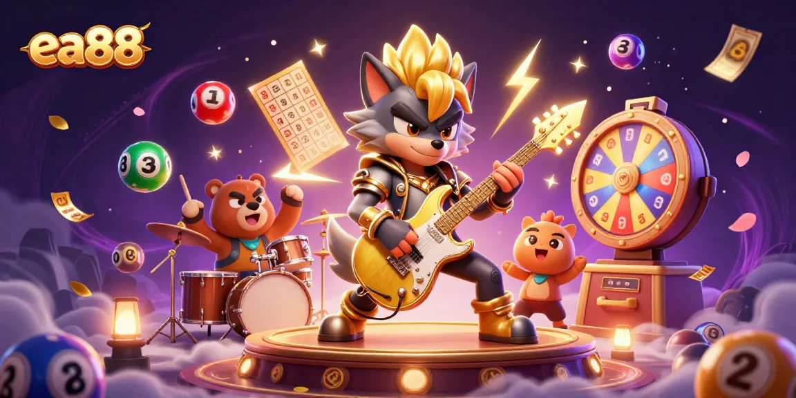 ea88 showcases an electrifying gaming scene with a rock star wolf and dazzling lotto elements.