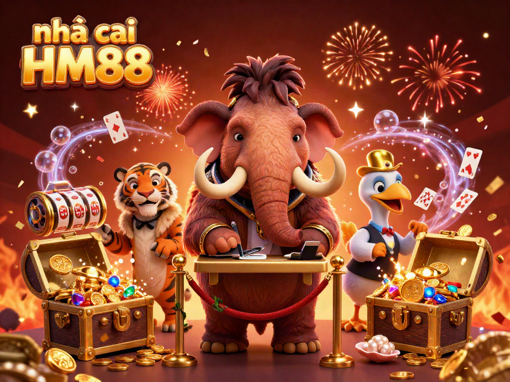 Experience the thrill of nhà cái HM88 with whimsical characters, vibrant casino elements, and festive energy.