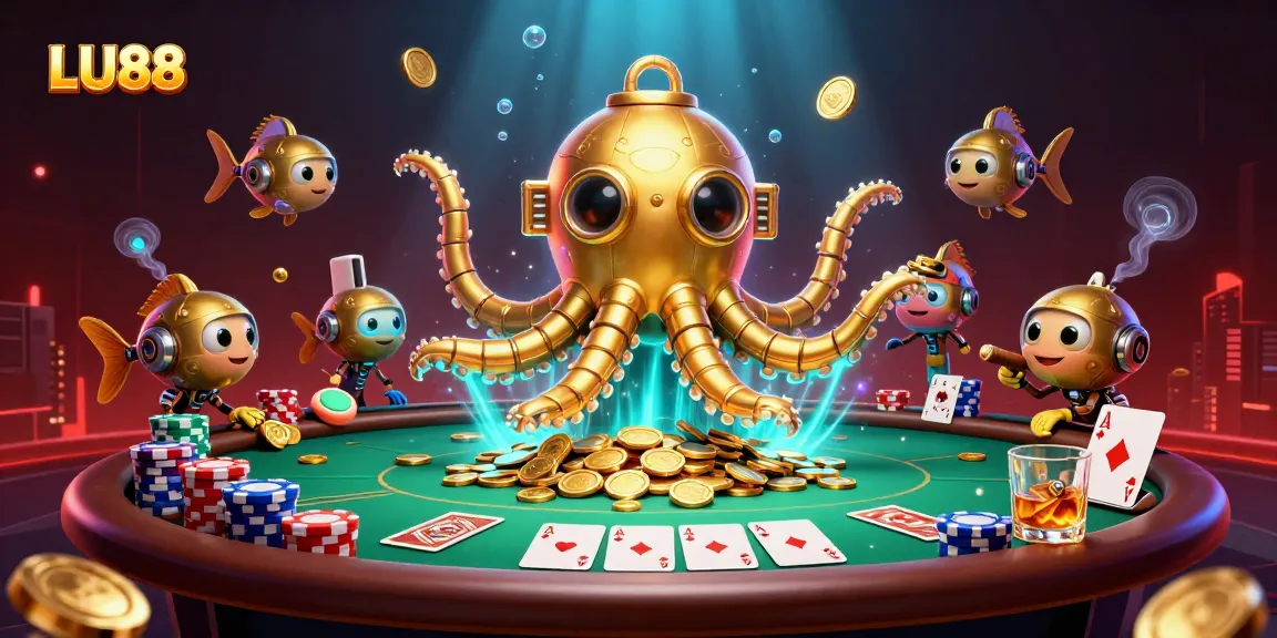 LU88 showcases a golden kraken submarine triumphantly surfacing through golden coins, surrounded by poker chips and cards.