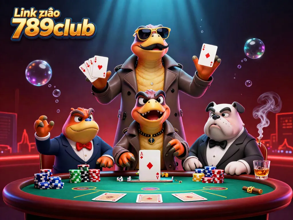 Engage with exciting games at Link vào 789club, featuring raptors in disguise at a poker table in a vibrant casino scene.