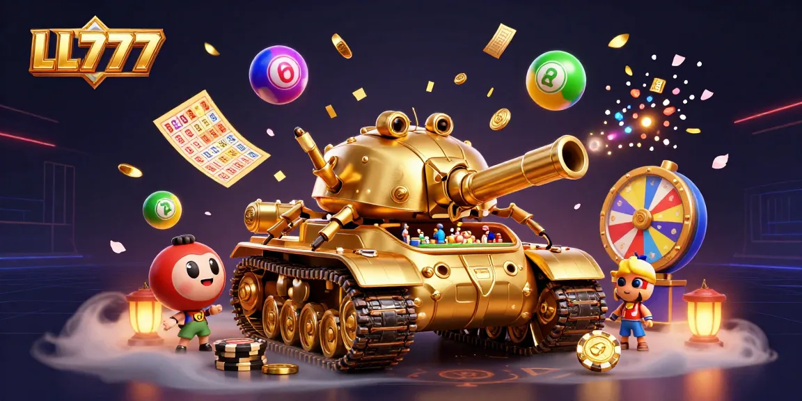 LL777 captures vibrant excitement with golden beetle tank casino, dynamic lottery elements and confetti effect.