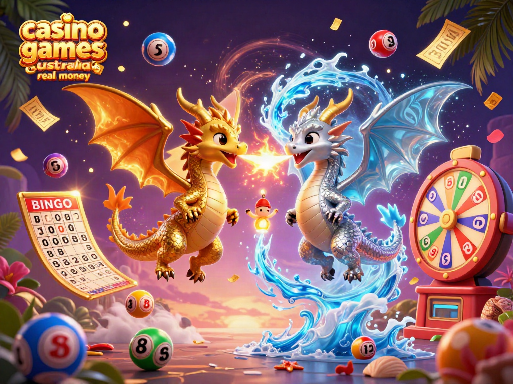 Experience the excitement of casino games australia real money with cartoon dragons, winning elements, and vibrant colors.