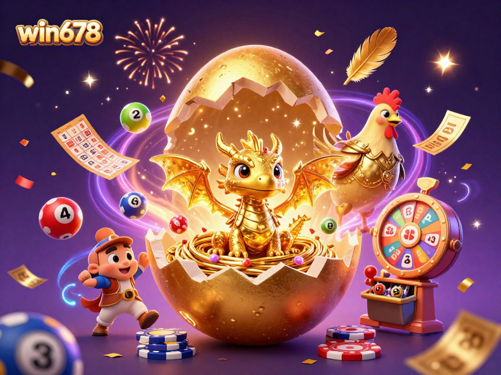 Experience thrilling gameplay at win678 with a vibrant 3D illustration of a golden egg revealing gaming treasures.