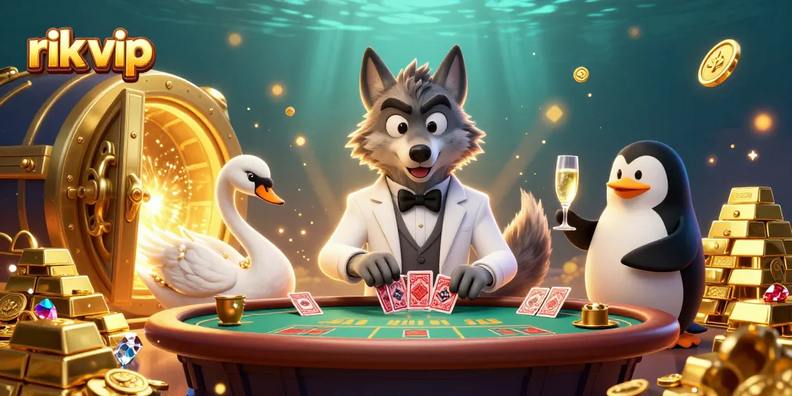 Experience the excitement at rik vip with a 3D illustration of a debonair wolf, elegant swan, and penguin dealer at a baccarat table.